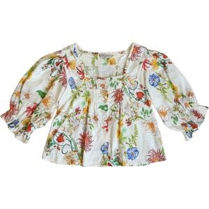 Laura Ashley Floral Linen Blend Puff Sleeve Square Neck Blouse White Medium